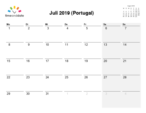 Kalender für 2019 in Portugal