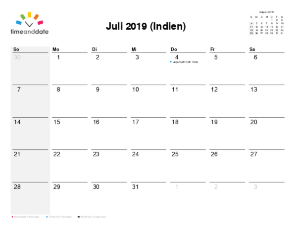 Kalender für 2019 in Indien