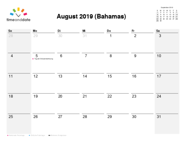 Kalender für 2019 in Bahamas