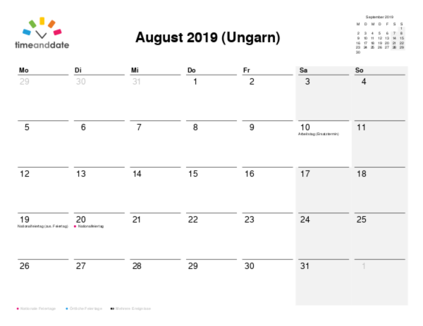 Kalender für 2019 in Ungarn