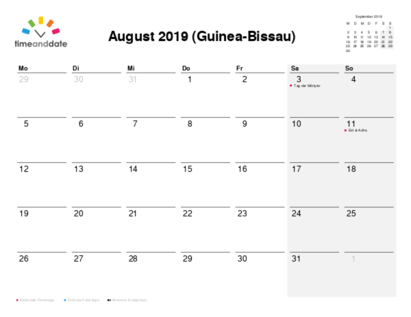 Kalender für 2019 in Guinea-Bissau