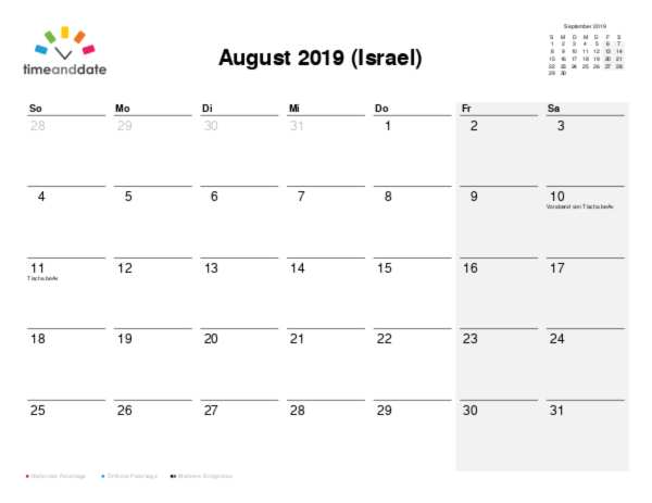 Kalender für 2019 in Israel