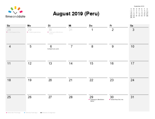 Kalender für 2019 in Peru