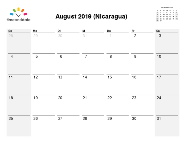 Kalender für 2019 in Nicaragua