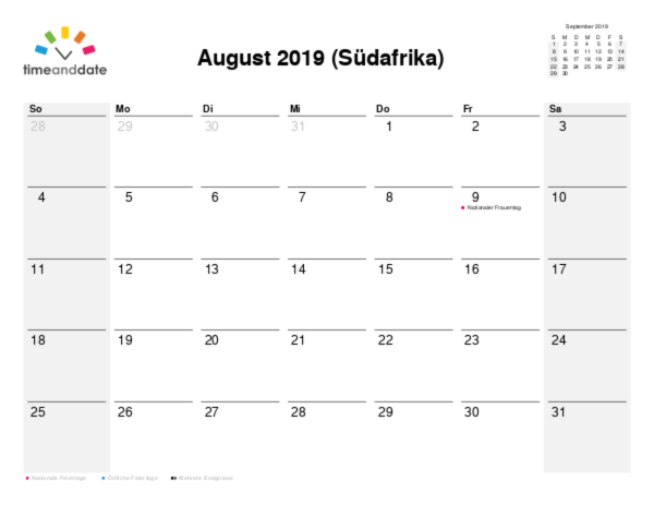 Kalender für 2019 in Südafrika