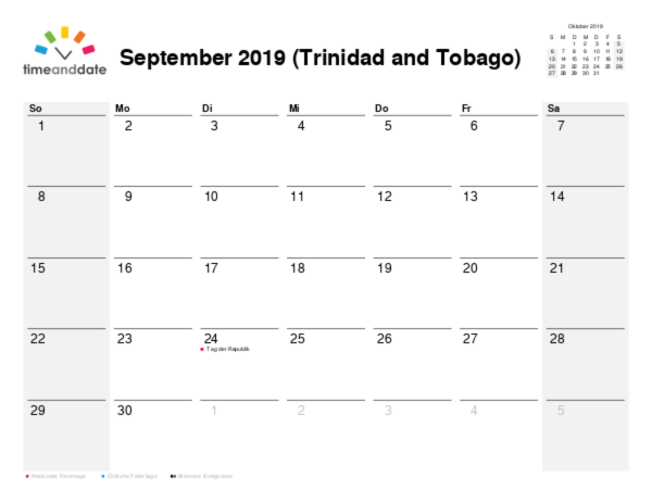 Kalender für 2019 in Trinidad and Tobago