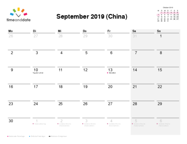 Kalender für 2019 in China