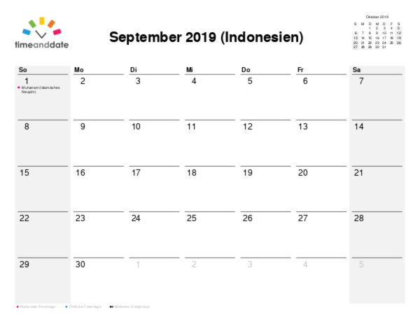 Kalender für 2019 in Indonesien