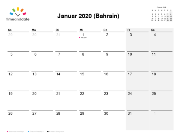 Kalender für 2020 in Bahrain