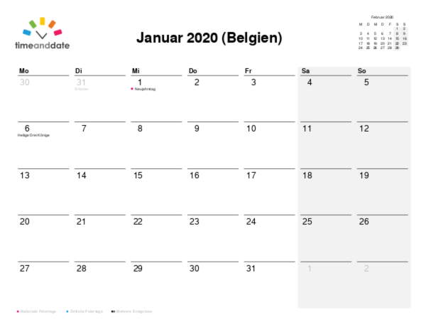 Kalender für 2020 in Belgien