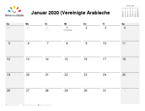 Kalender für 2020 in Vereinigte Arabische Emirate