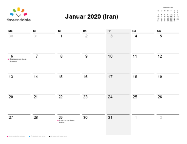 Kalender für 2020 in Iran