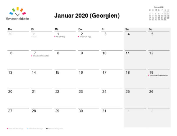 Kalender für 2020 in Georgien