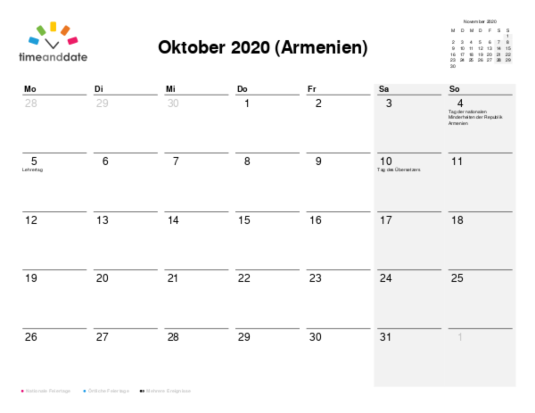 Kalender für 2020 in Armenien