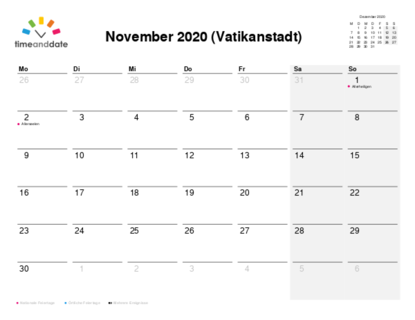 Kalender für 2020 in Vatikanstadt