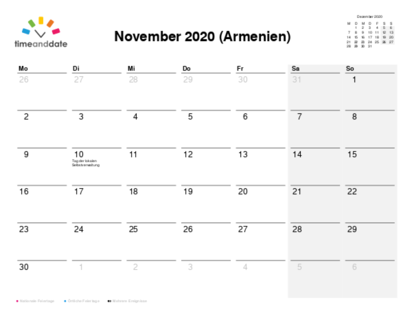 Kalender für 2020 in Armenien