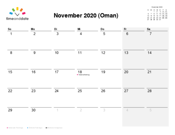 Kalender für 2020 in Oman