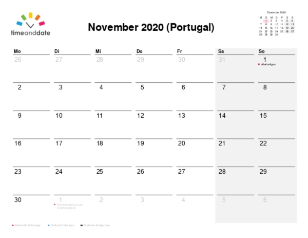 Kalender für 2020 in Portugal
