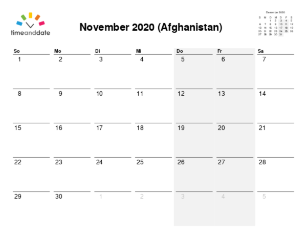Kalender für 2020 in Afghanistan