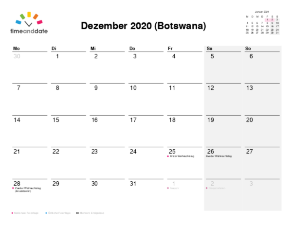 Kalender für 2020 in Botswana