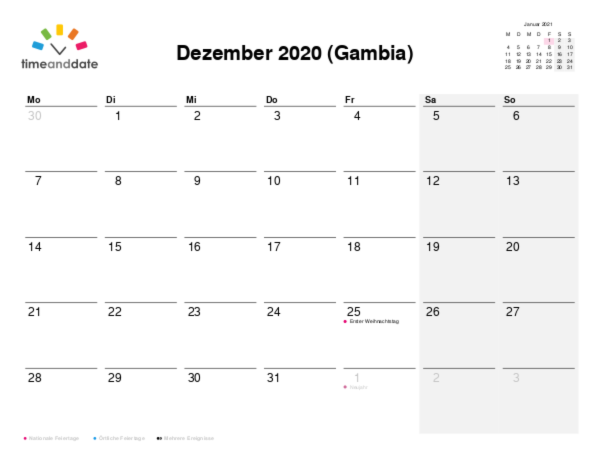 Kalender für 2020 in Gambia