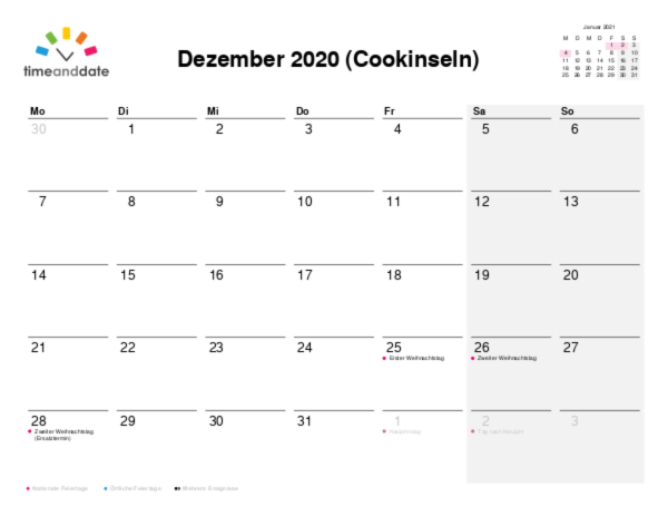 Kalender für 2020 in Cookinseln