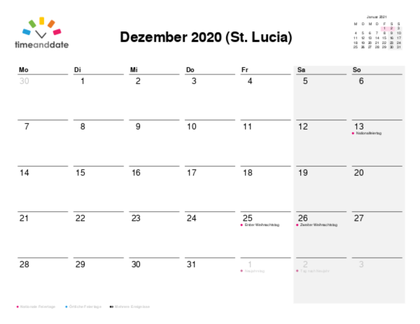 Kalender für 2020 in St. Lucia