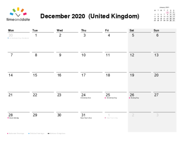 Kalender für 2020 in Großbritannien