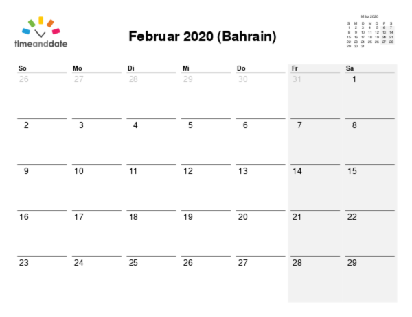 Kalender für 2020 in Bahrain