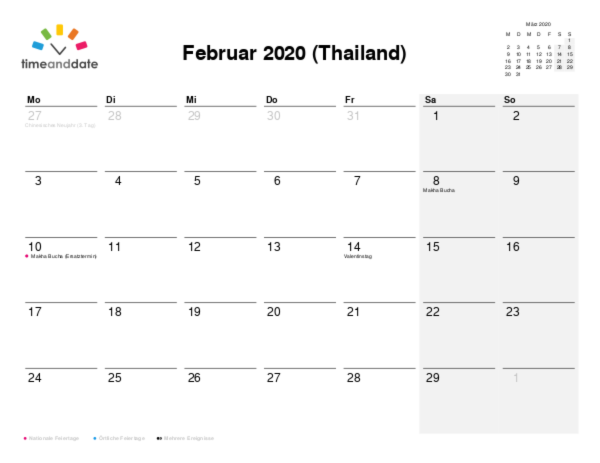 Kalender für 2020 in Thailand