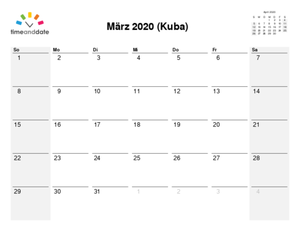 Kalender für 2020 in Kuba