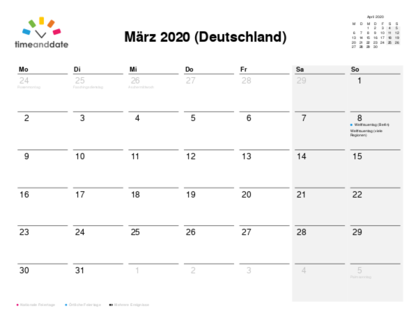 Kalender für 2020 in Deutschland