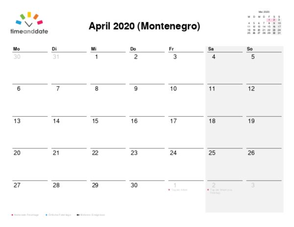 Kalender für 2020 in Montenegro