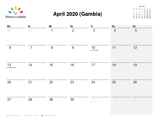 Kalender für 2020 in Gambia