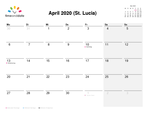 Kalender für 2020 in St. Lucia