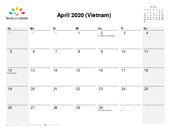 Kalender für 2020 in Vietnam