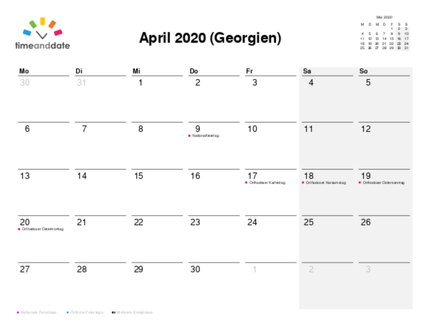 Kalender für 2020 in Georgien