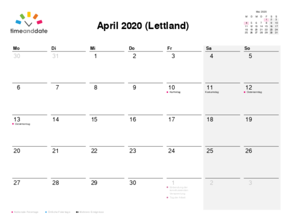 Kalender für 2020 in Lettland