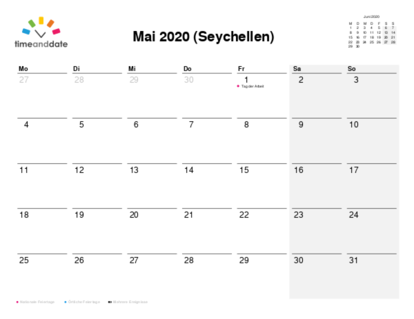 Kalender für 2020 in Seychellen