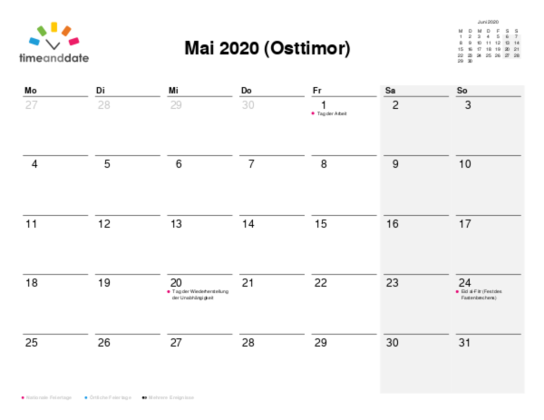 Kalender für 2020 in Osttimor