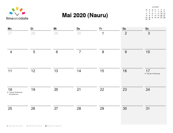 Kalender für 2020 in Nauru