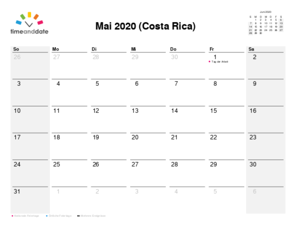Kalender für 2020 in Costa Rica