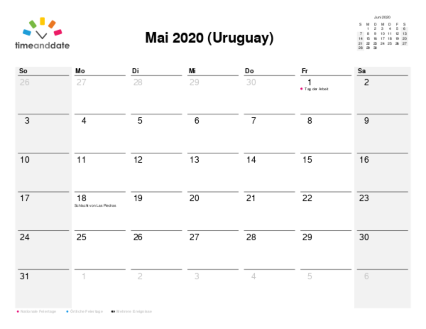 Kalender für 2020 in Uruguay