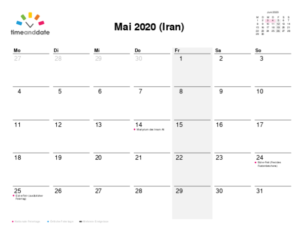 Kalender für 2020 in Iran