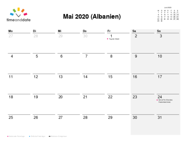 Kalender für 2020 in Albanien