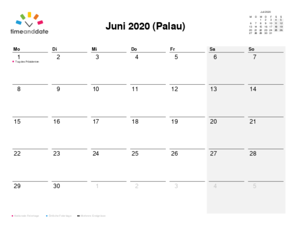 Kalender für 2020 in Palau