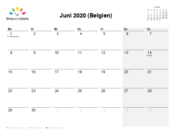 Kalender für 2020 in Belgien