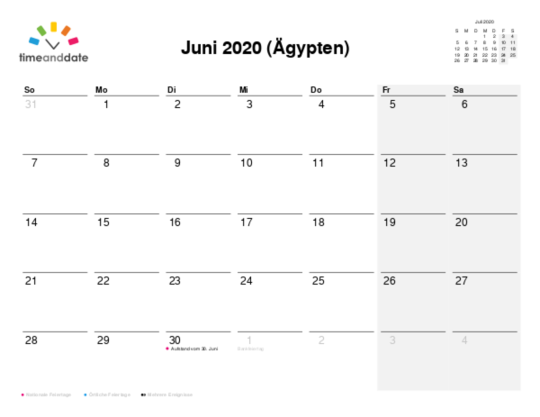 Kalender für 2020 in Ägypten