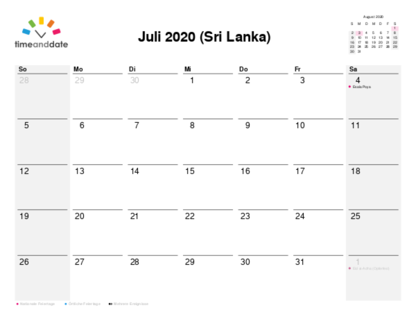 Kalender für 2020 in Sri Lanka