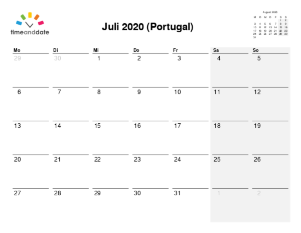 Kalender für 2020 in Portugal